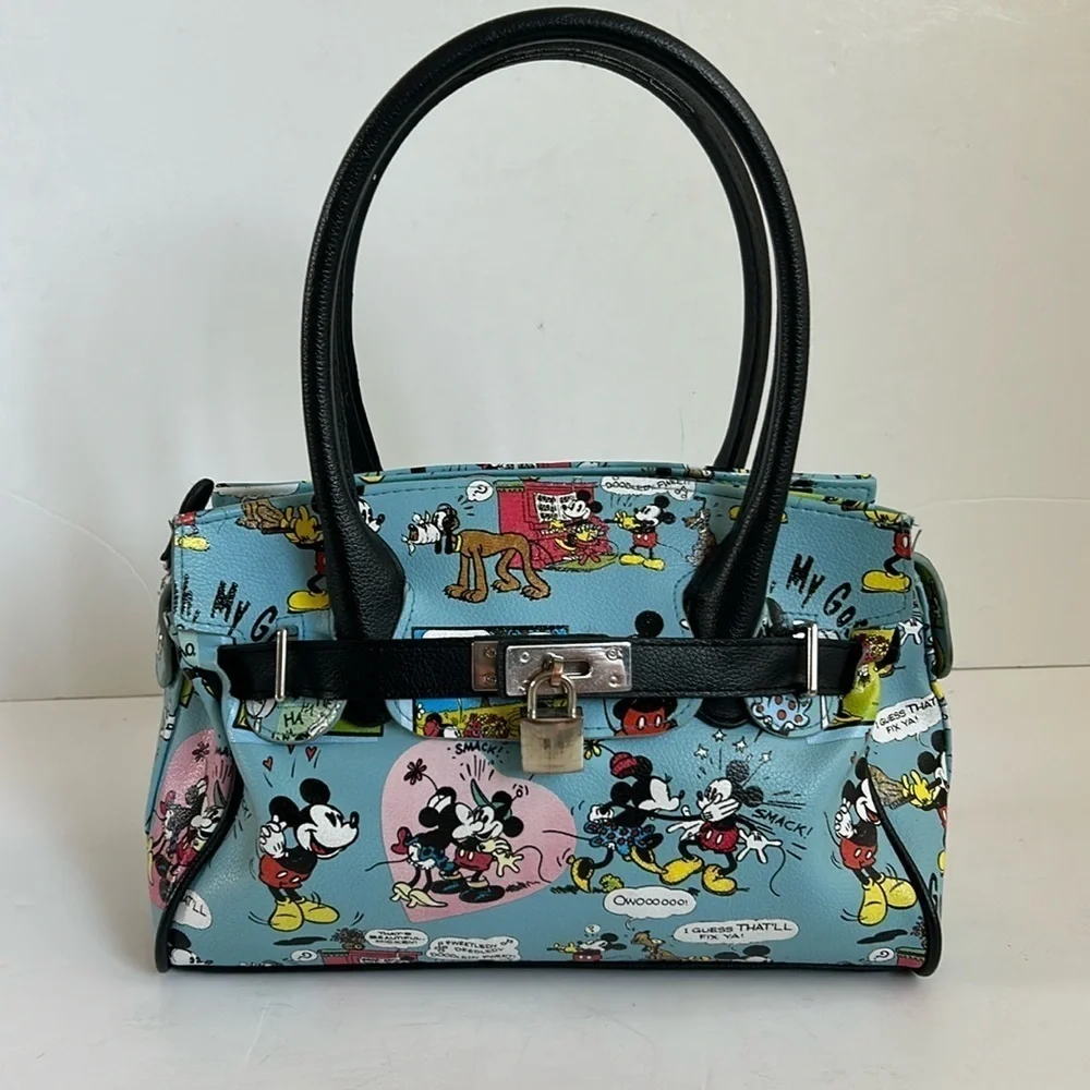 Disney blue Mickey Minnie Pluto cartoon hearts black handle satchel purse comic